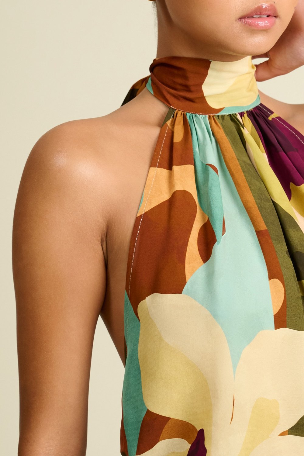 Away That Day abstract print halterneck top, close detail