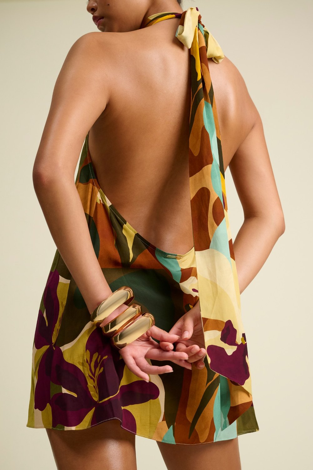 Away That Day halterneck mini dress open back and neck tie, close detail