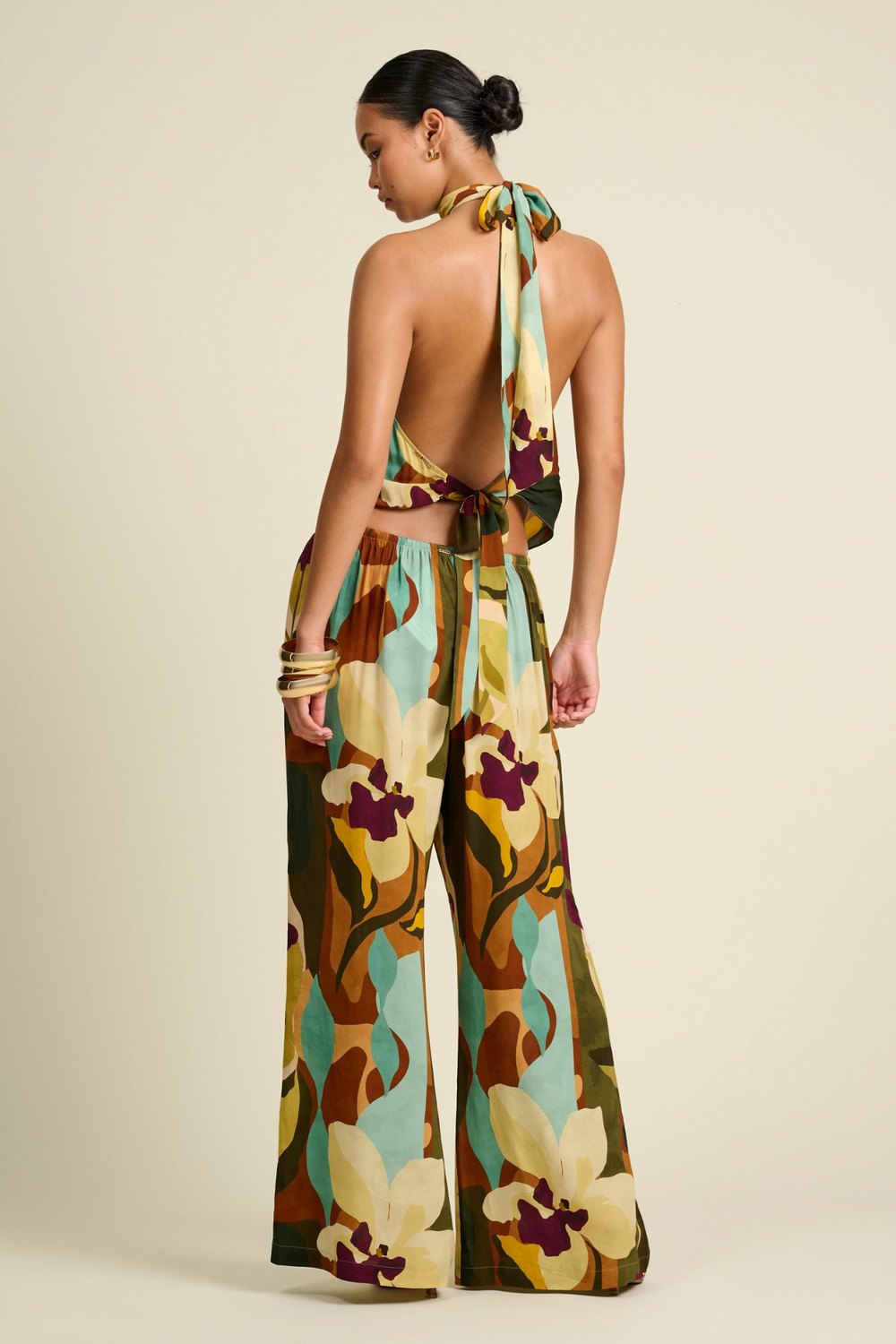 Away That Day abstract print halterneck top and wide trousers, back tie detail