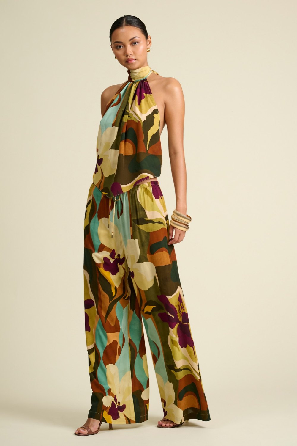 Away That Day abstract print halterneck top and wide trousers, front