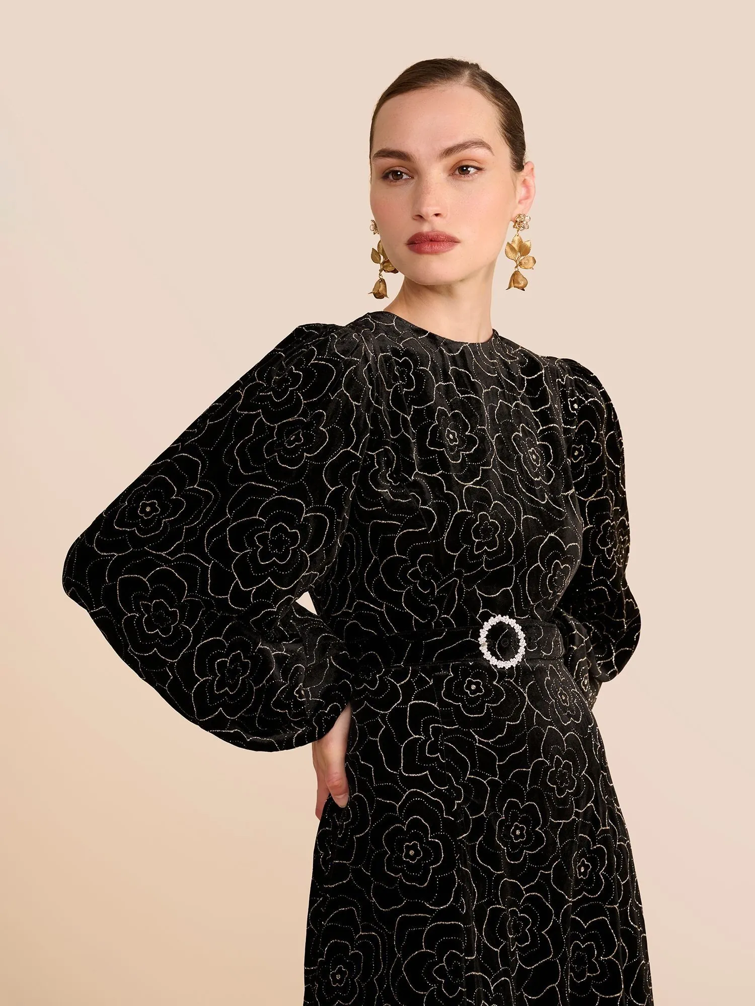 Beulah London black and gold floral velvet dress ecommerce photography