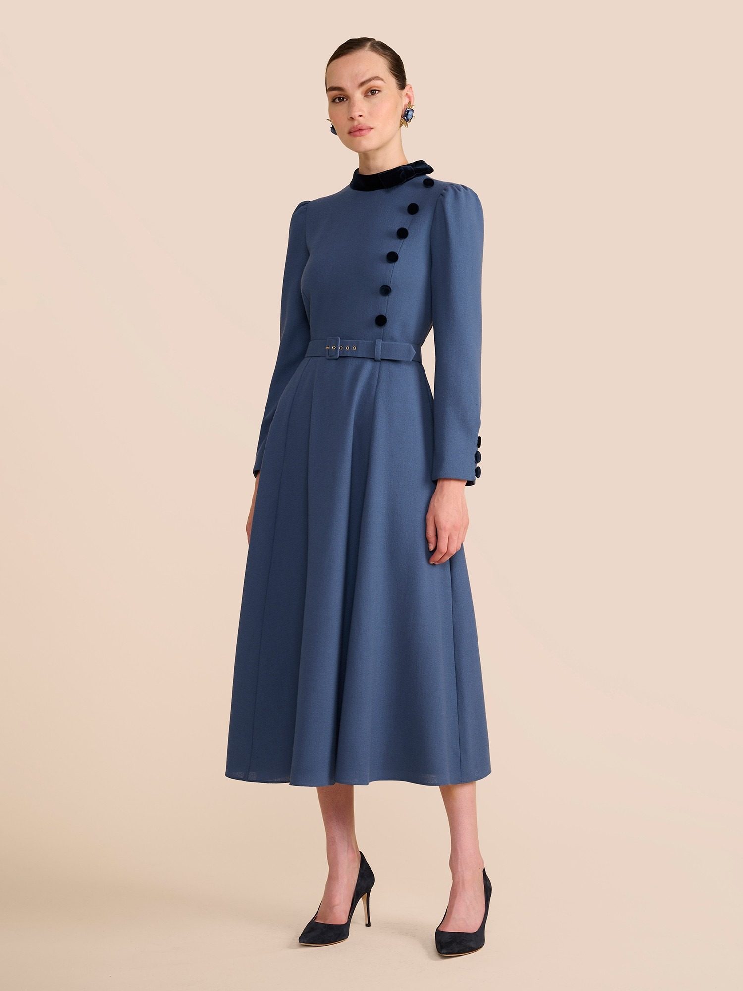 Beulah London steel blue dress with velvet collar ecommerce photography