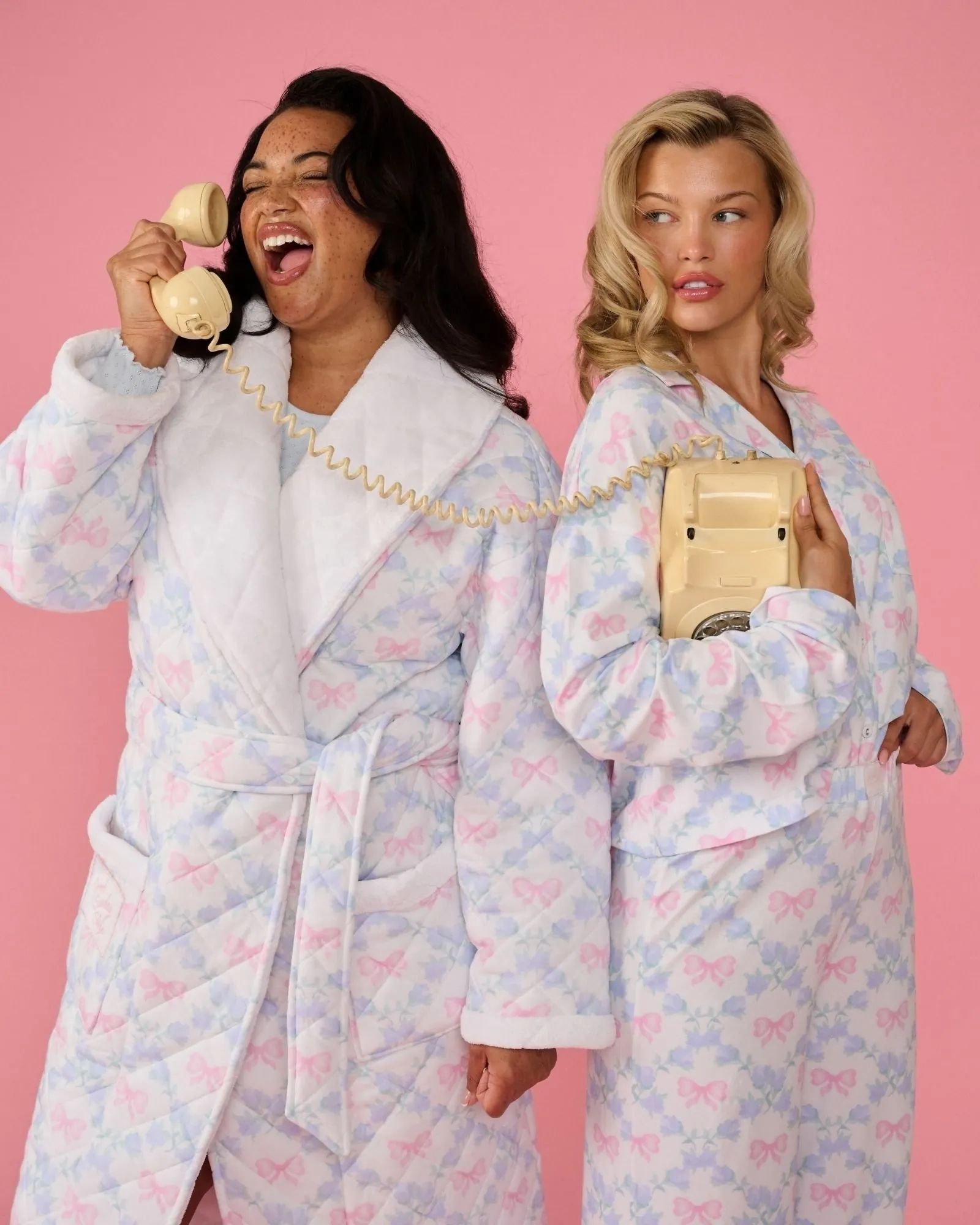 Good Sunday Sleep quilted bow print robe and pyjamas campaign photography