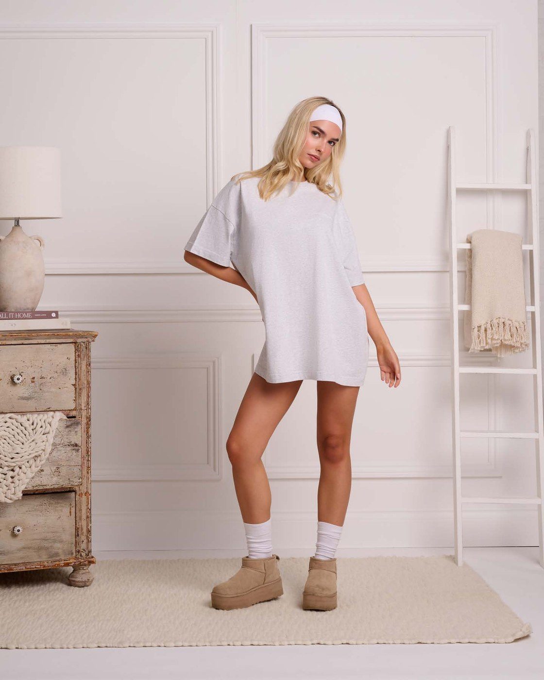 Good Sunday white tee dress photographed on model for ecommerce