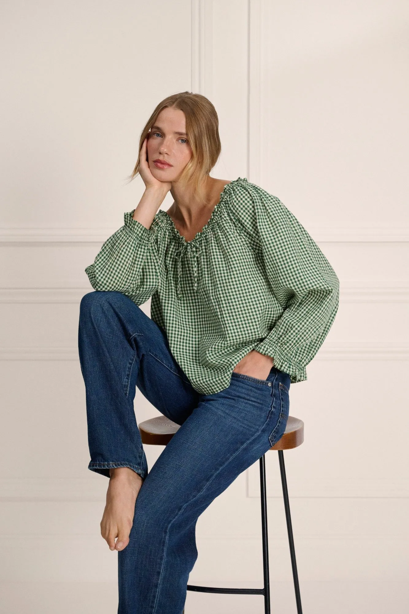 If Only If green gingham blouse photographed on model