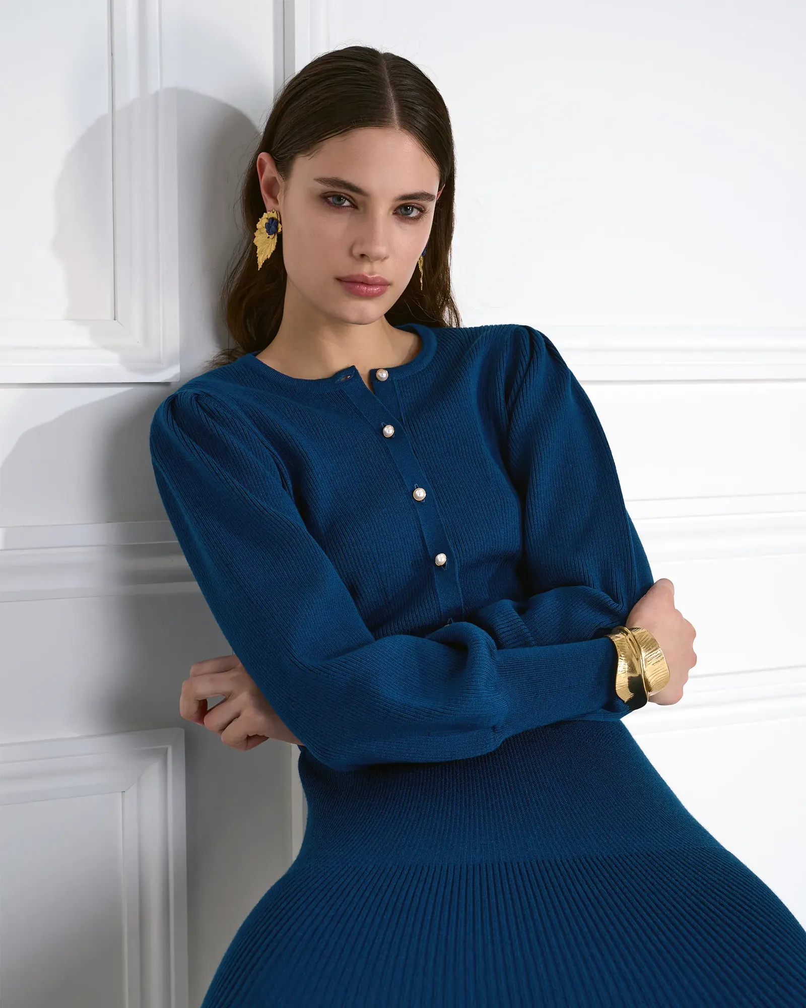 Womenswear dress with panelling detail, campaign photography on a model