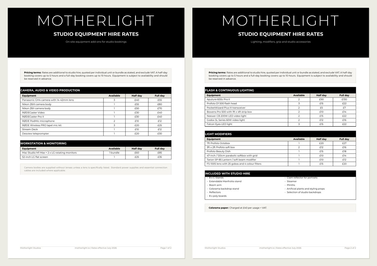 Motherlight studio equipment hire price list, two pages of half day and full day rates