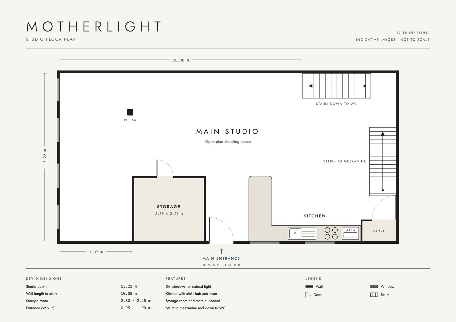 Motherlight studio floor plan showing the main studio, kitchen, storage and stairs to the mezzanine and WC