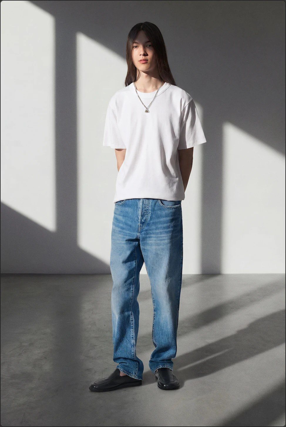 Peace Begins Within mid blue jeans and white t-shirt on model, front view
