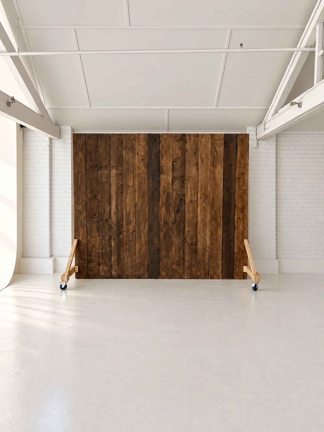 Wooden panel backdrop hire in London at Motherlight Studios, dark stained wood on castors