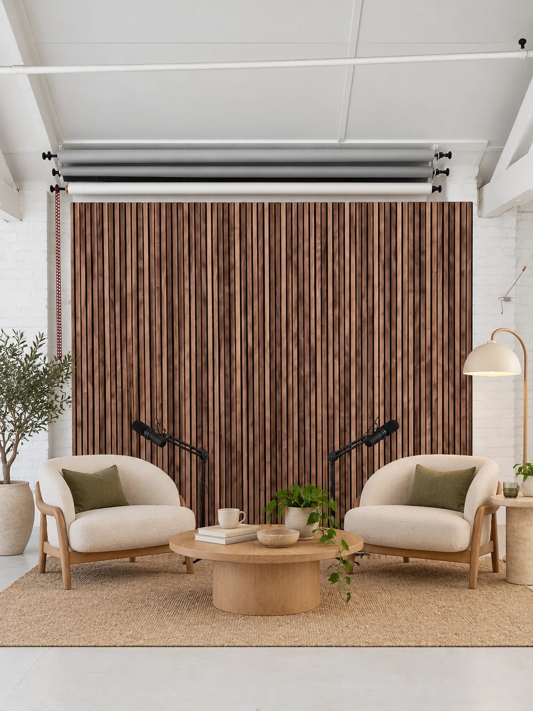 AI generated visualisation of a podcast set styled with armchairs, microphones and a coffee table against the real slatted wood backdrop